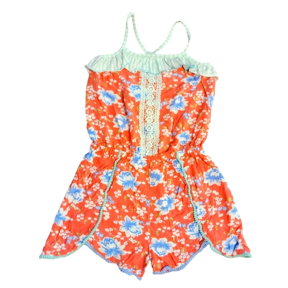 Matilda Jane Girls Romper Size 14 Lightweight Orange Blue Lace Ruffle - Picture 1 of 6